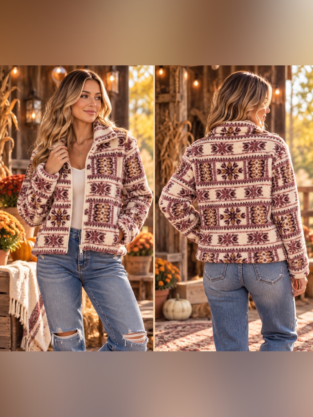 Lucky Brand Cream & Burgundy Fair Isle Sherpa Jacket